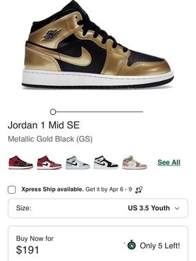 Little Boys Jordan 1 Mid SE Metallic Gold Black (GS) Size 2.5